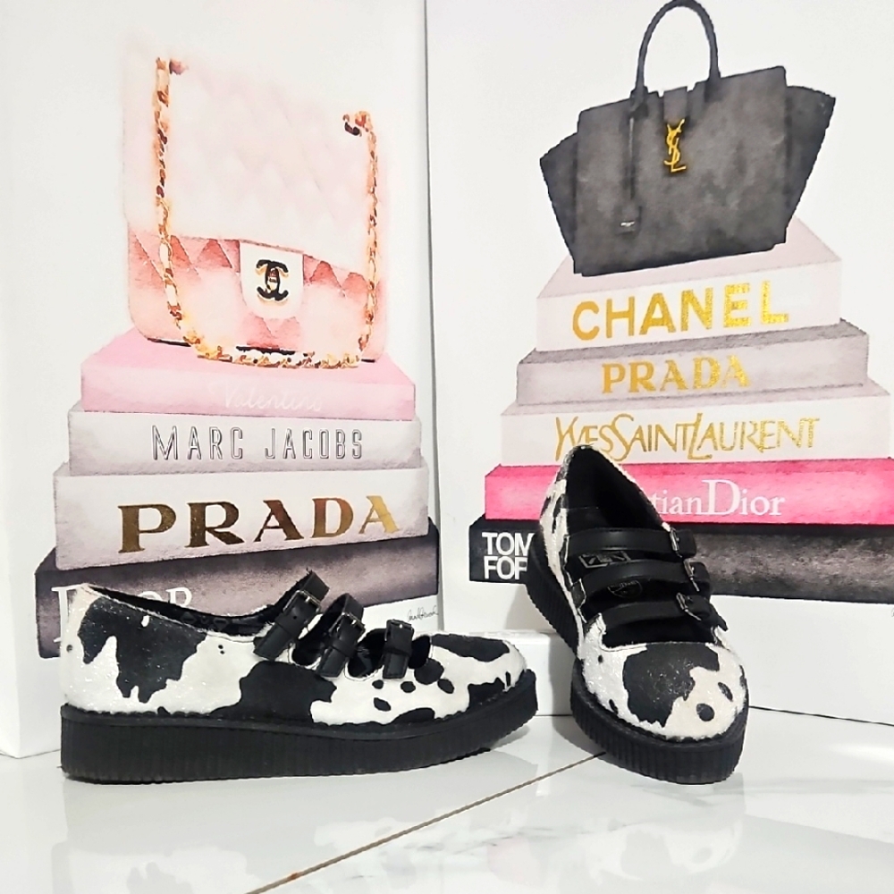 TUK Cow Print Three Strap Mary Jane Creepers